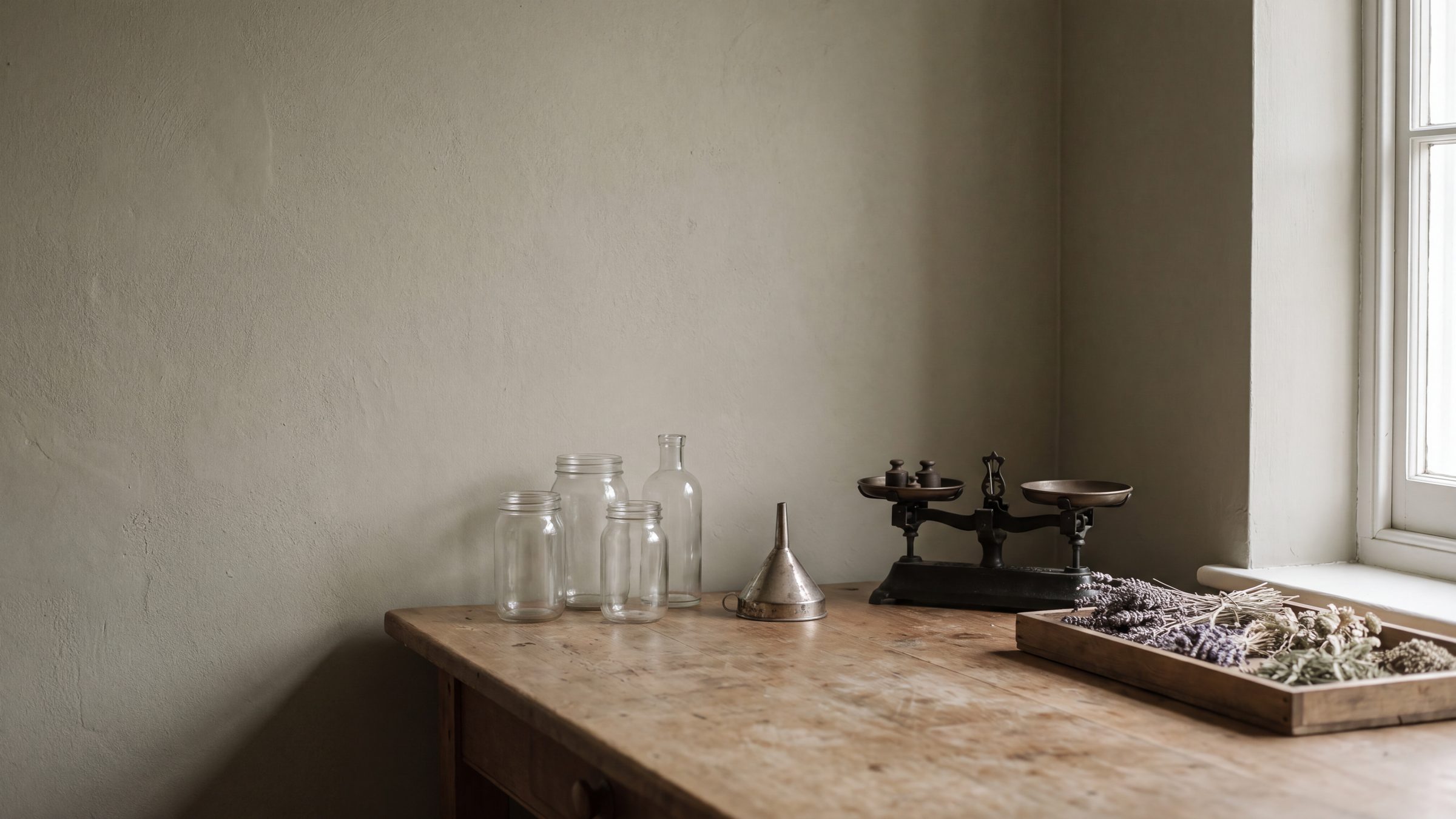A weathered work table with glass vessels, a funnel and small scales