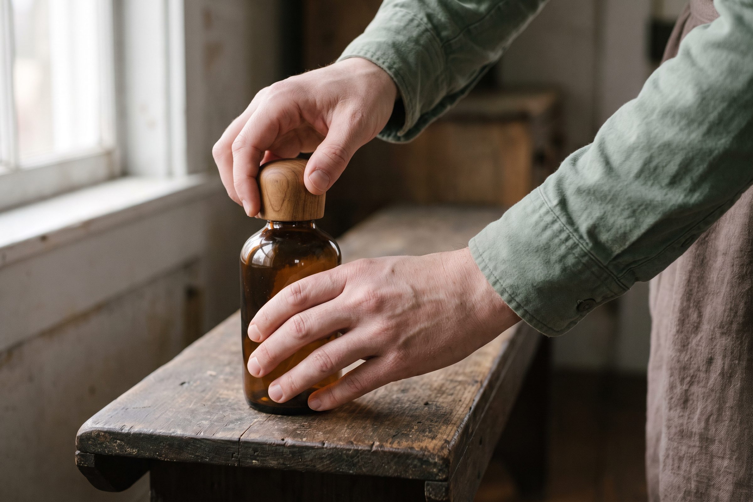 Two hands fitting a wooden cap onto an amber bottle