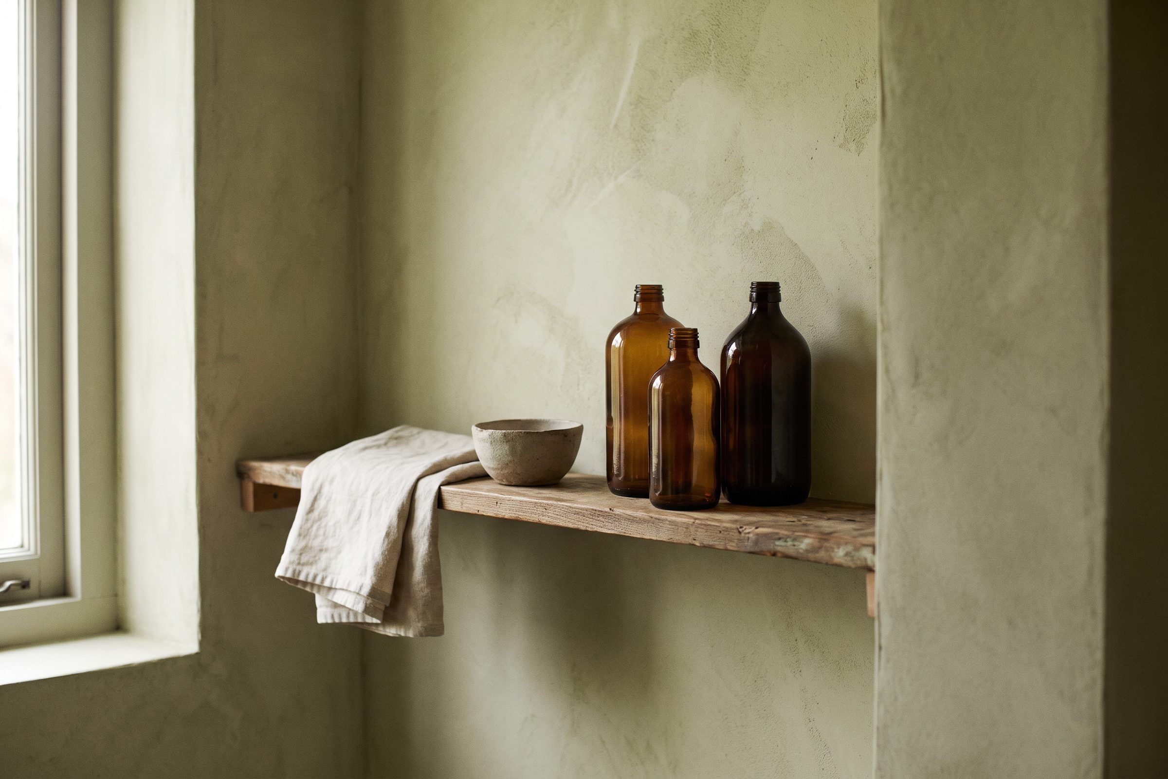 Three unlabelled glass vessels on a narrow shelf in a plastered bathroom