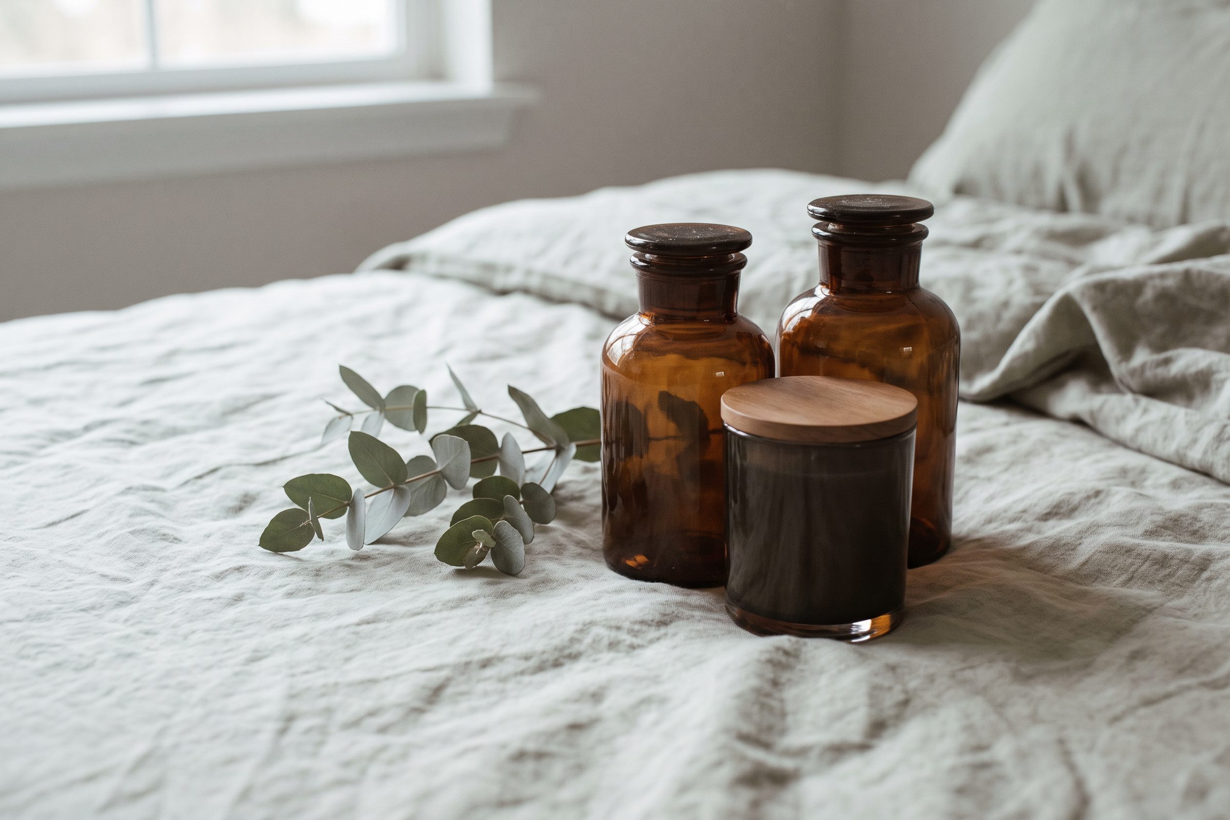 Two bottles and a candle grouped on pale linen with a eucalyptus sprig