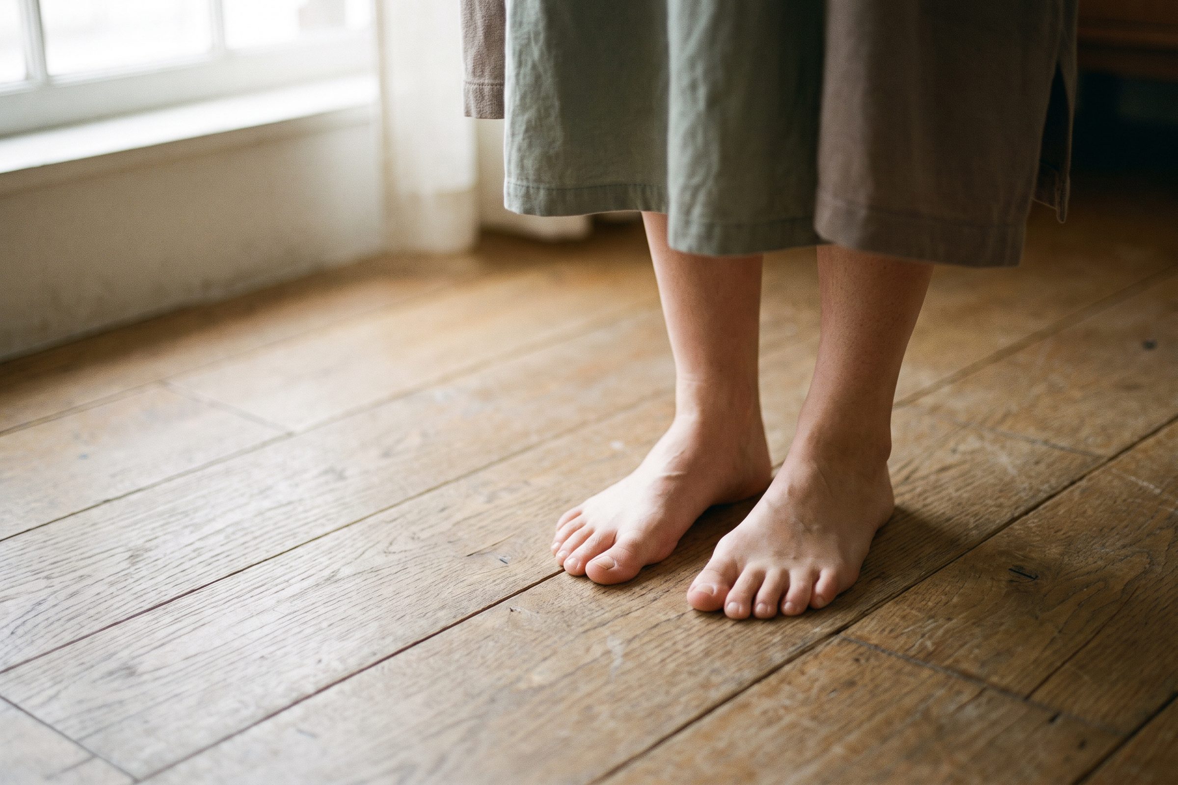 Bare feet and lower calves standing on a bare oak floor