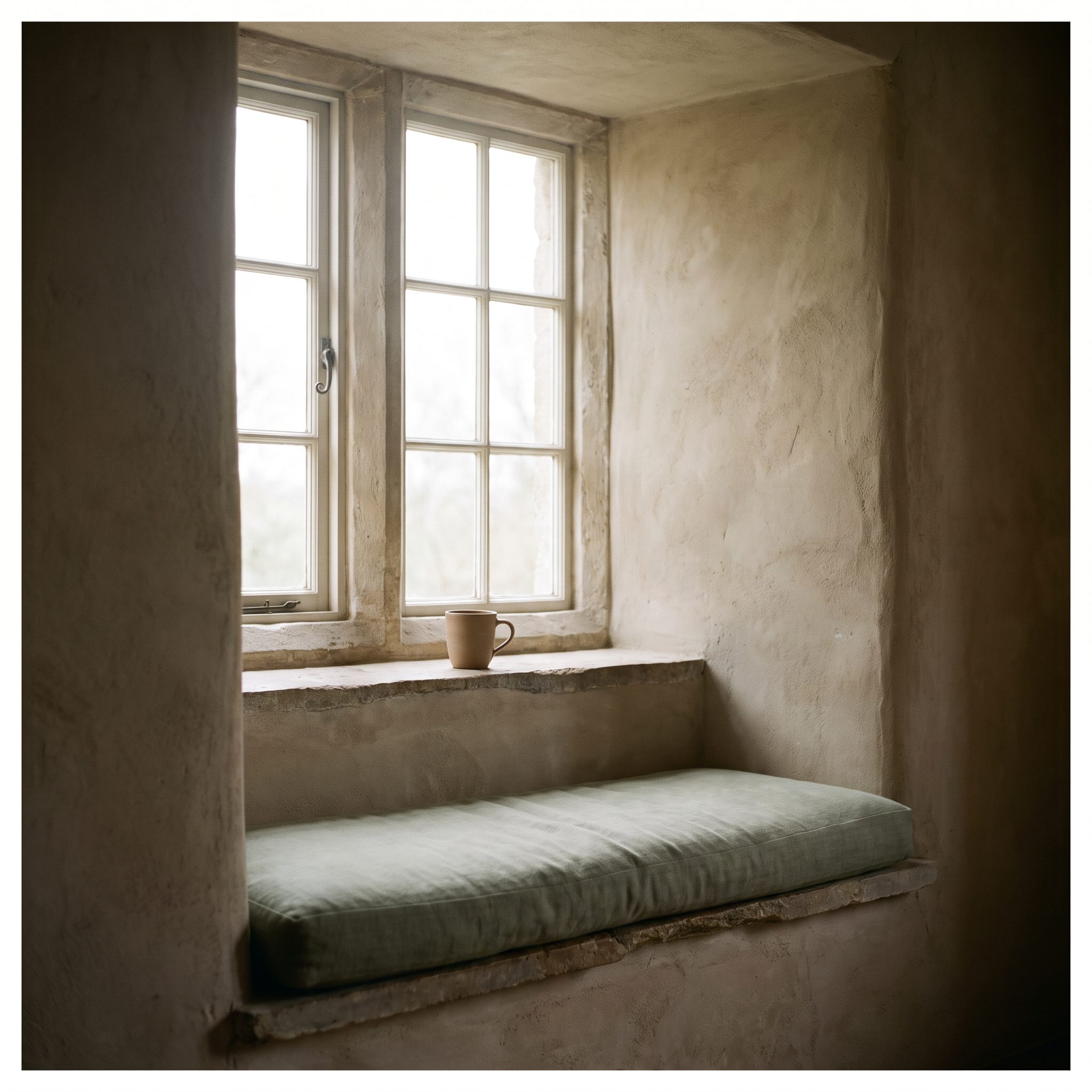 A deep plaster window reveal with a built-in seat and a cup on the sill
