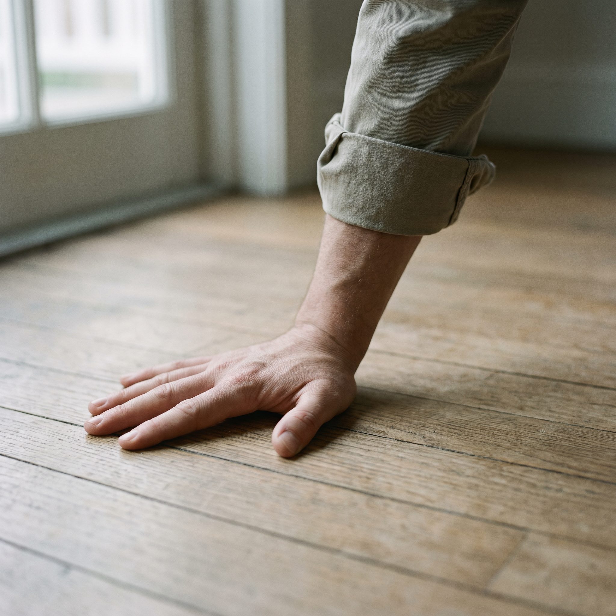 A forearm and hand pressing into a bare oak floor mid-movement