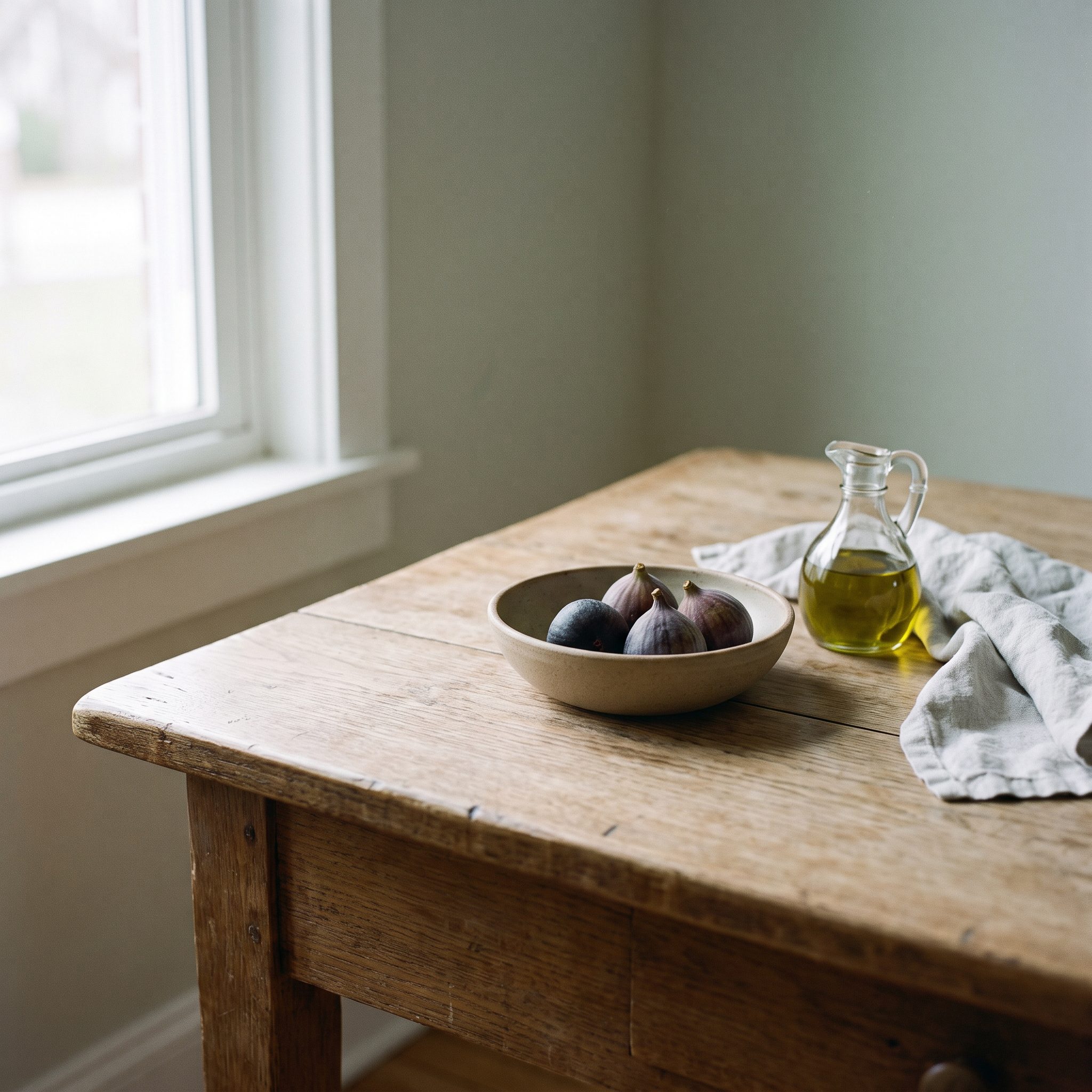 A bowl of figs and a carafe of olive oil on a plain oak table by a window