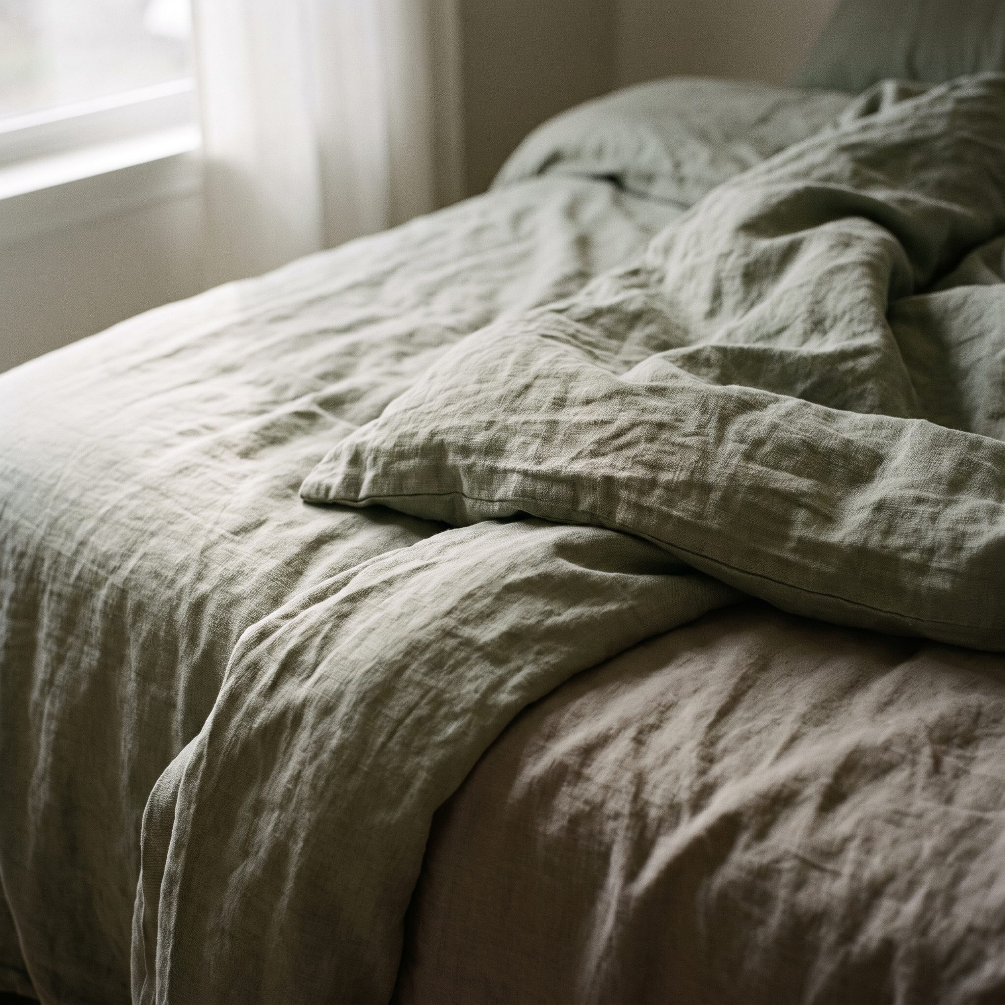 The corner of a bed in washed grey linen in morning light