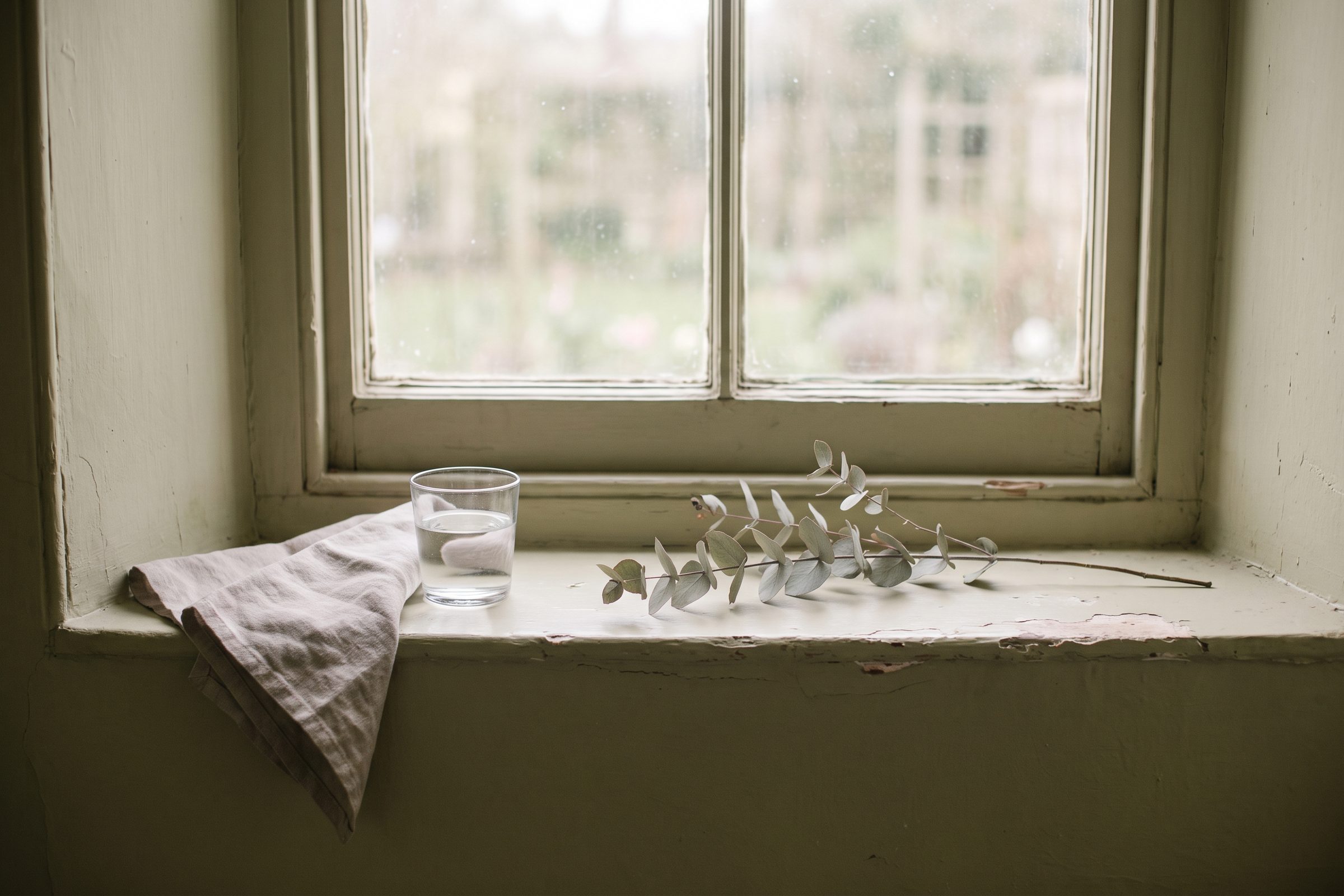 A window sill with a glass of water, a folded cloth and a eucalyptus stem