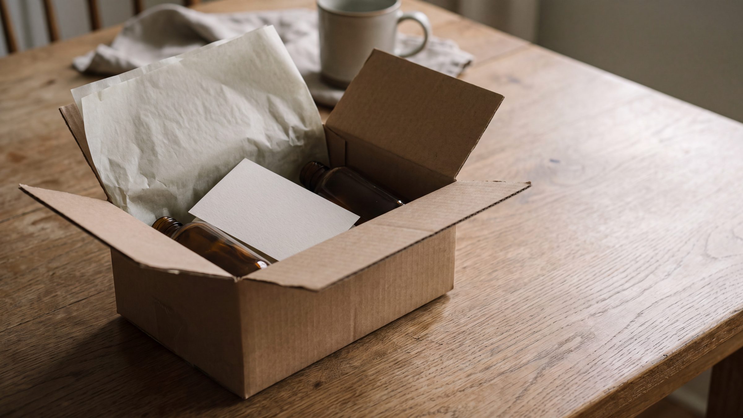 A plain kraft box open on an oak table with bottles inside