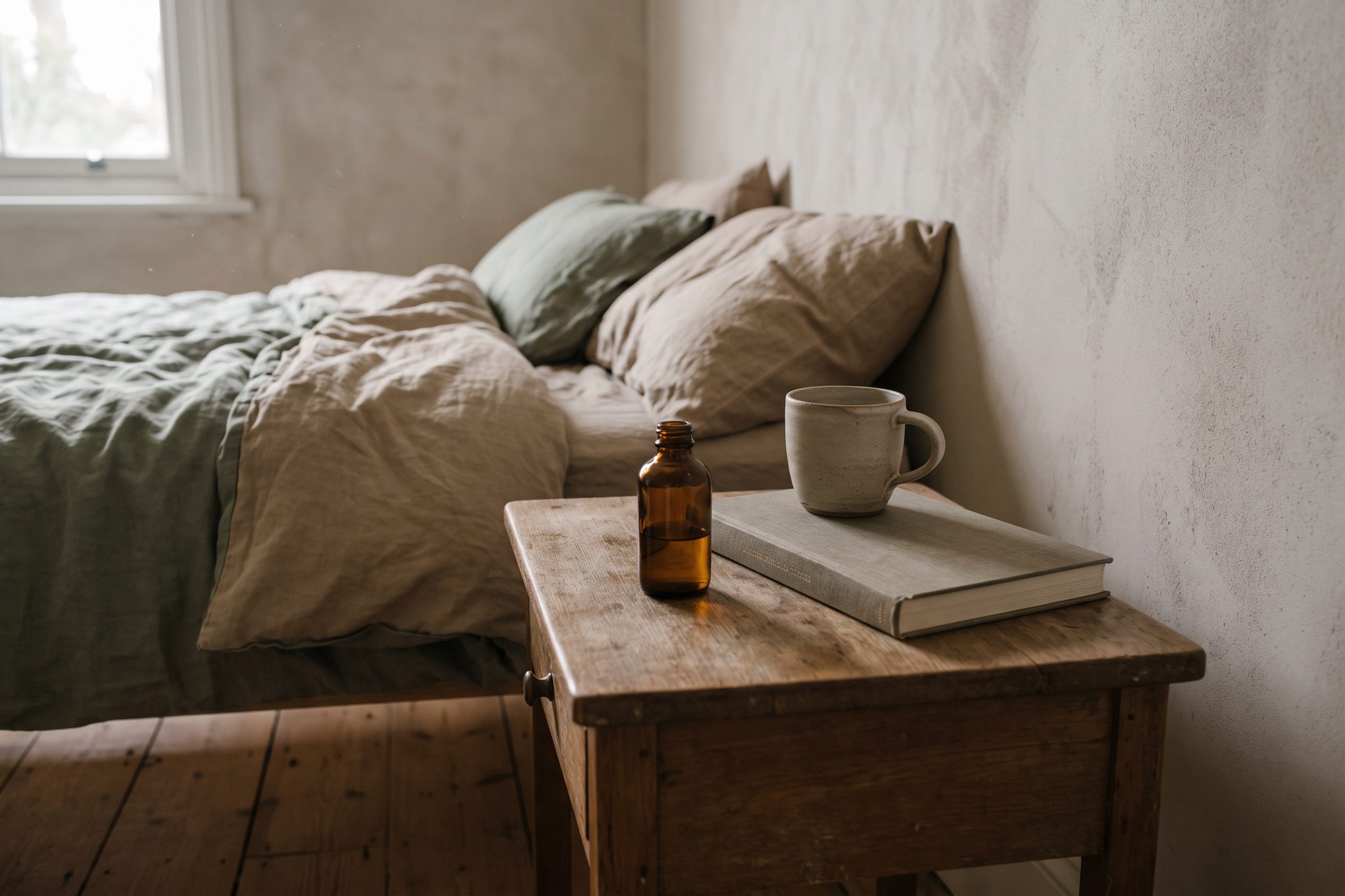 An amber bottle on a bedside table beside a book and a ceramic cup