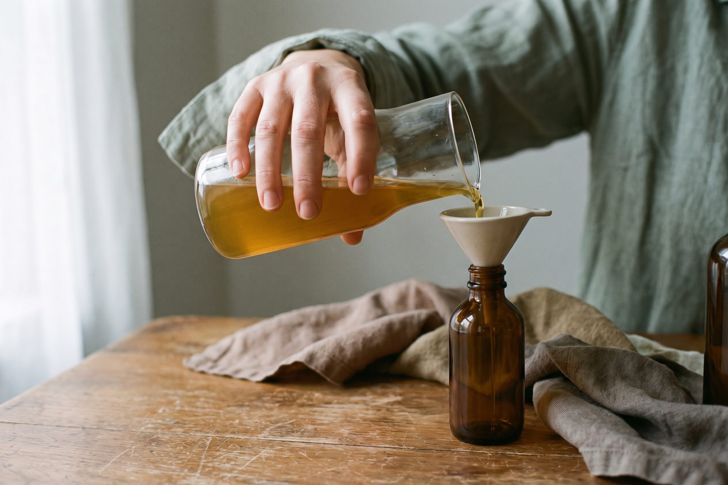 A hand pouring oil through a funnel into an amber bottle