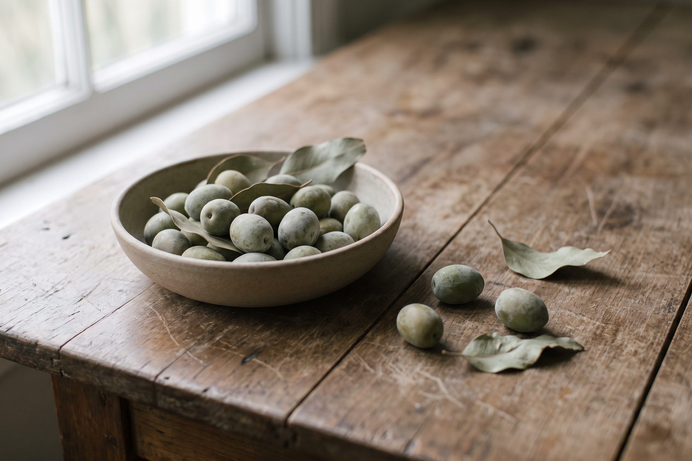 Fresh olives and eucalyptus leaves in a shallow ceramic bowl