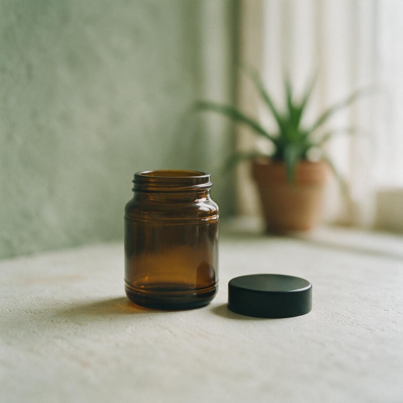 An open amber glass jar with its black lid resting beside it