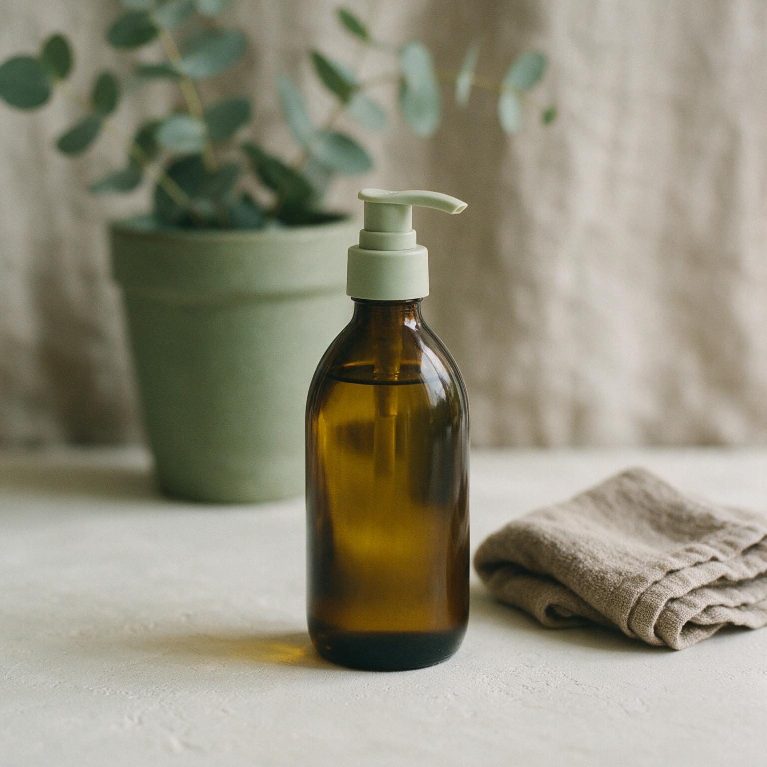 An amber glass pump bottle with a sage pump top, beside folded linen and eucalyptus