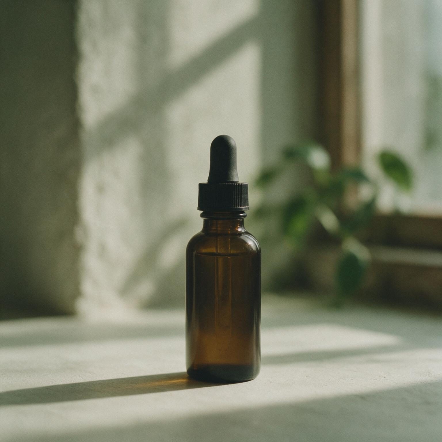 A tall amber glass serum bottle with a black dropper cap on a plaster windowsill