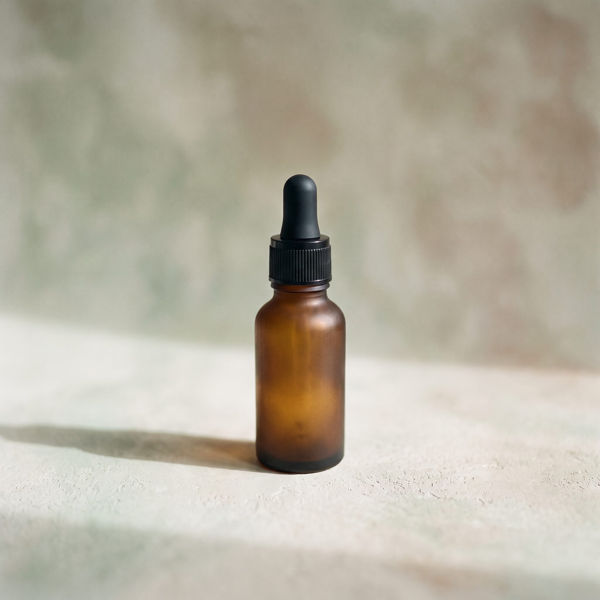 A small amber dropper bottle on pale plaster